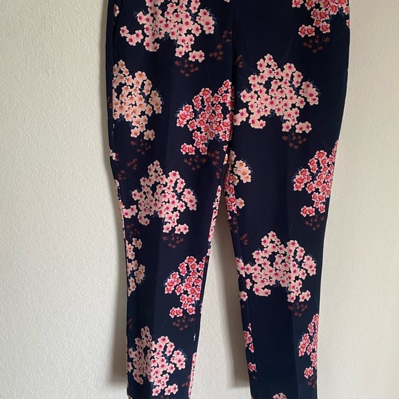 Grayson Navy Blue Pink Cherry Blossom Print Straight Ankle Leg Workwear Pants L - Picture 3 of 11